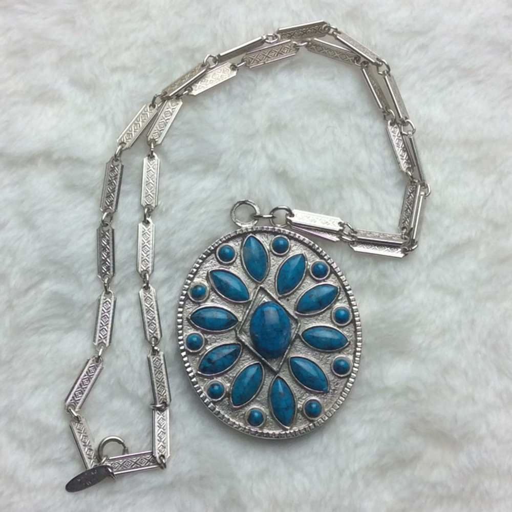 Vintage Whiting & Davis Signed Silver Tone Turquoise Pendant Necklace